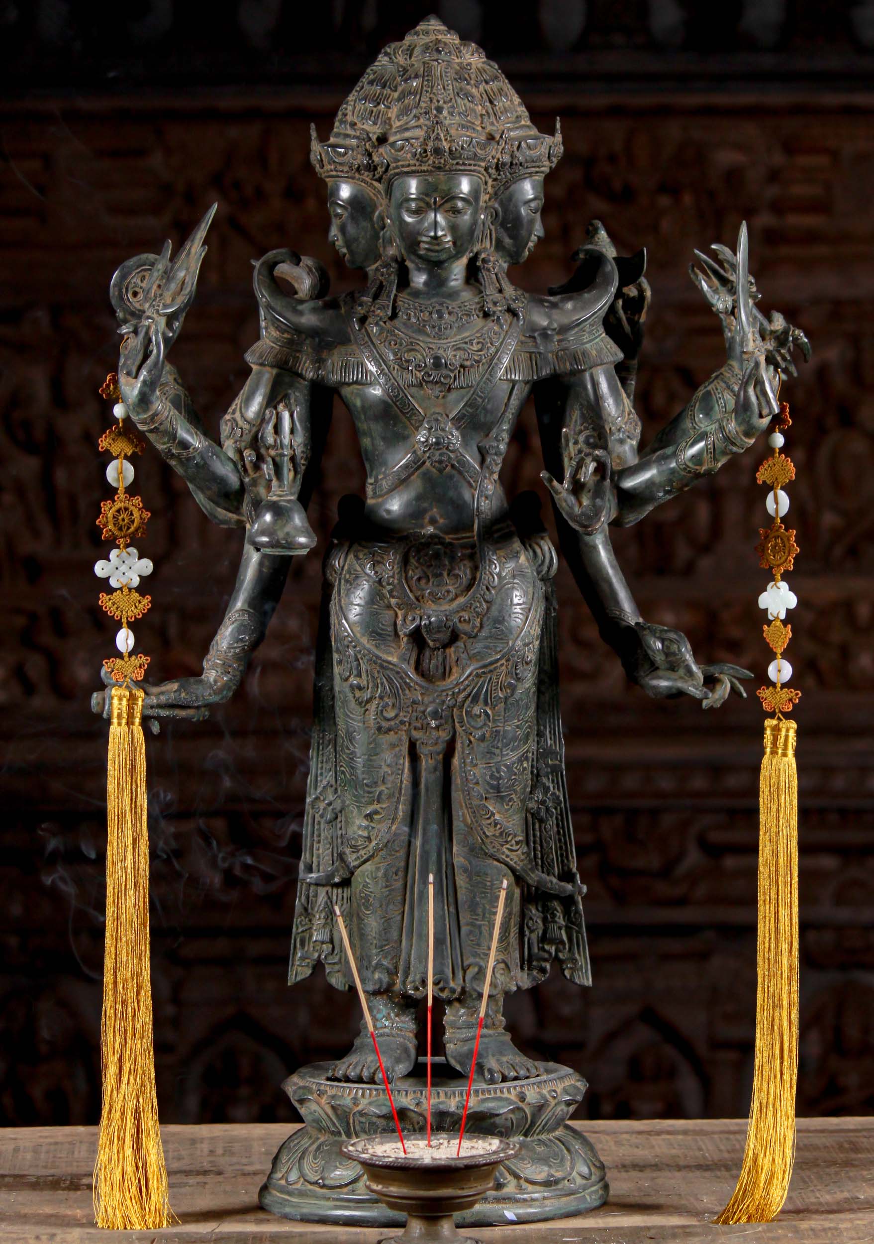 Impressive Indonesian Brass 4 Faced, 10 Armed Brahma Sculpture Murti for Home Altar 30"